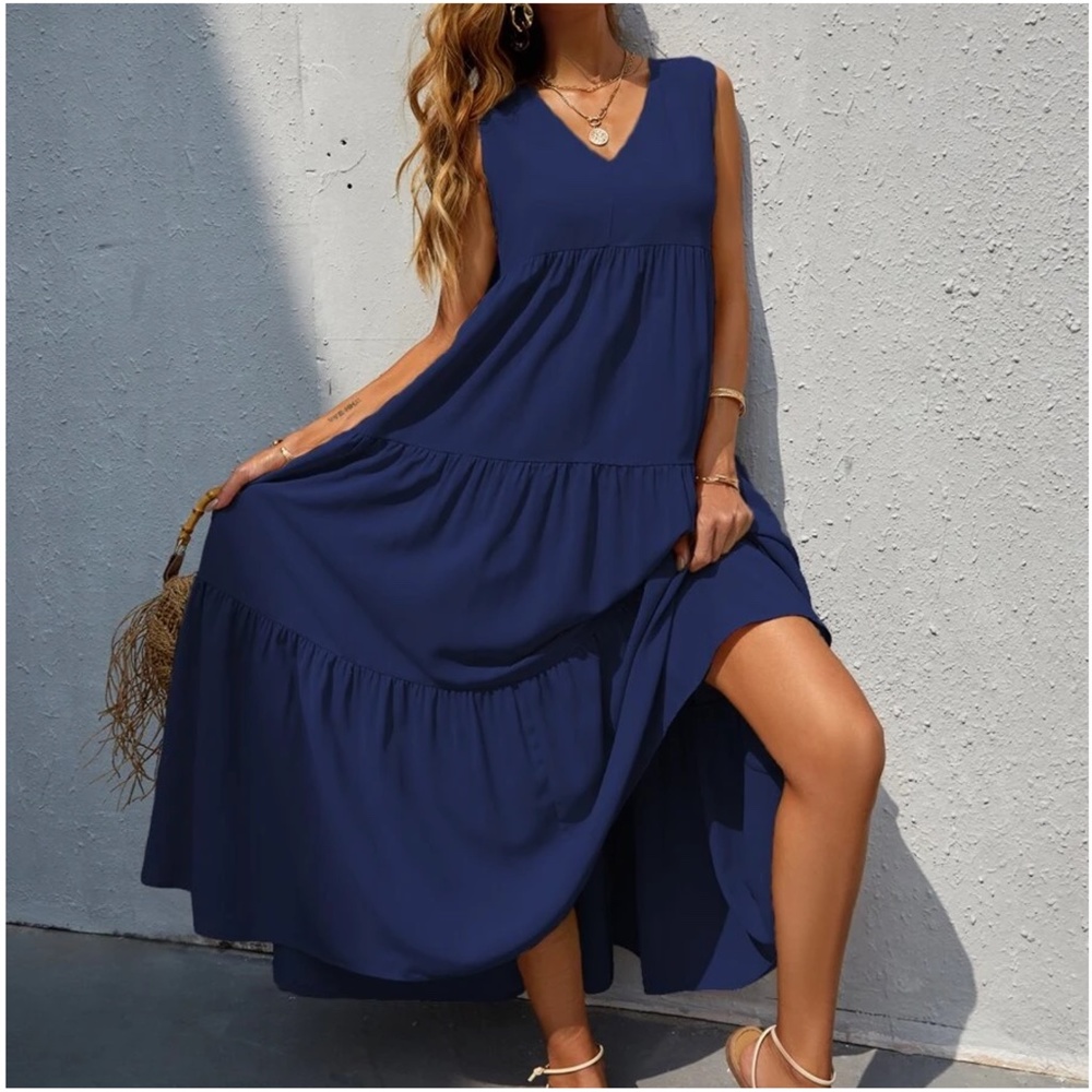 Boho Royal Blue Sleeveless Ruffle maxi Dress - Picture 10 of 14